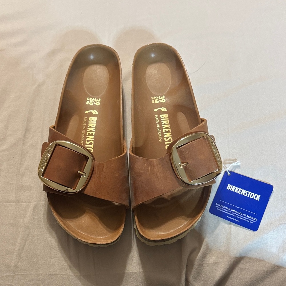 Birkenstock Tan Slides with Gold Buckle